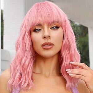 New Pink Cotten candy beach wave long bob bangs shoulder length
